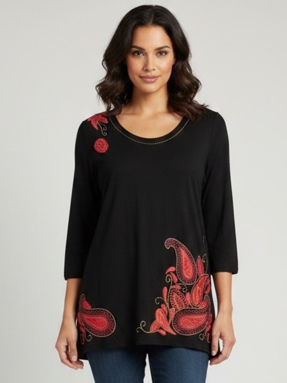 J. Jill Black Tunic with Pink and Orange Paisley Embroidery Like New Medium